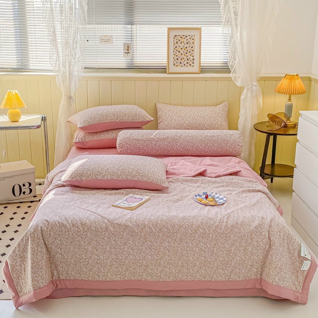 Bộ chăn ga gối Cotton Đũi 5 món phong cách Hàn Quốc mẫu mới 2023,Ga giường vỏ gối chăn hè chất đũi thoáng mát không xù
