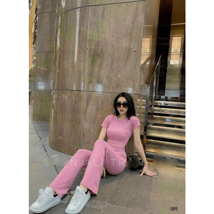 Sale Lớn Sét Thun Gân Áo Croptop Quần Dài Ống Rộng Siêu HOT Trend UP