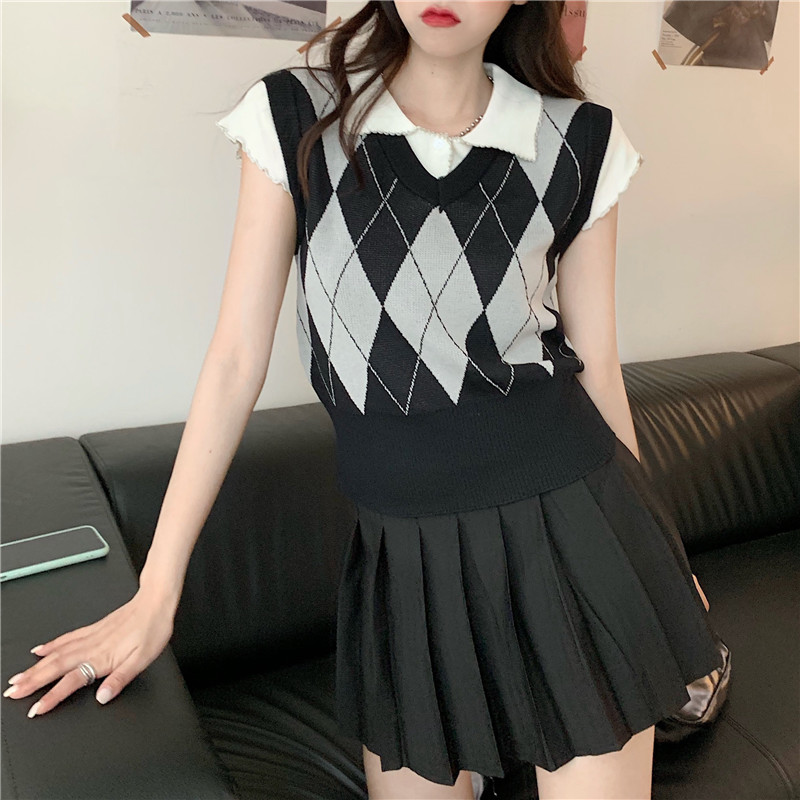 SUXI Áo croptop dệt kim sát nách cổ chữ v màu tương phản phong cách cổ điển thời trang