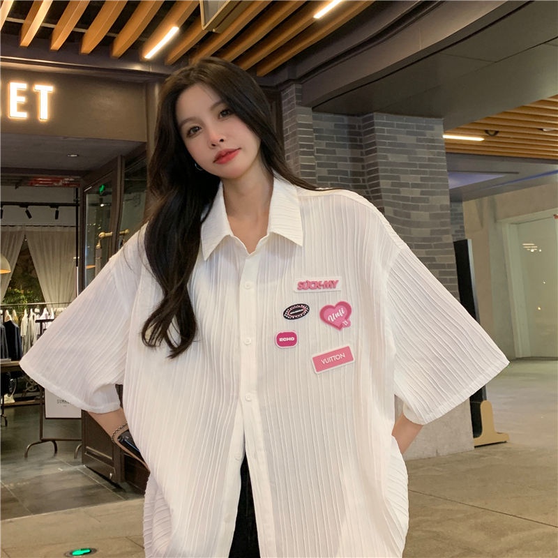 Áo Sơ Mi Ngắn Tay Dáng Rộng Họa Tiết Kẻ Sọc Thời Trang Mùa Hè Cho Nữ