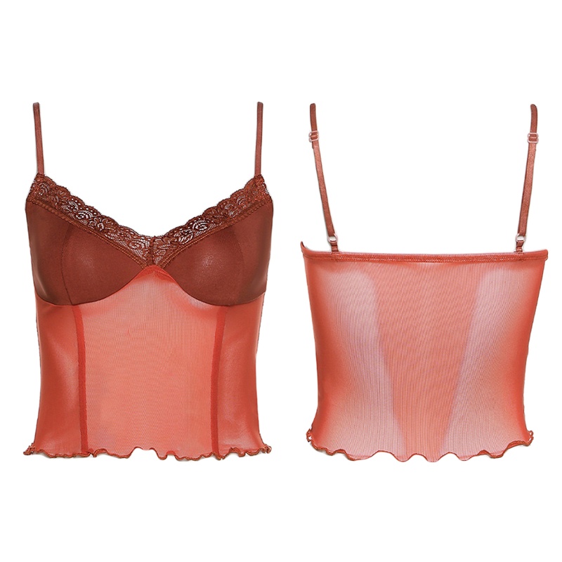 Áo Croptop Hai Dây Cổ Chữ V Phối Ren Xuyên Thấu Gợi Cảm Cho Nữ