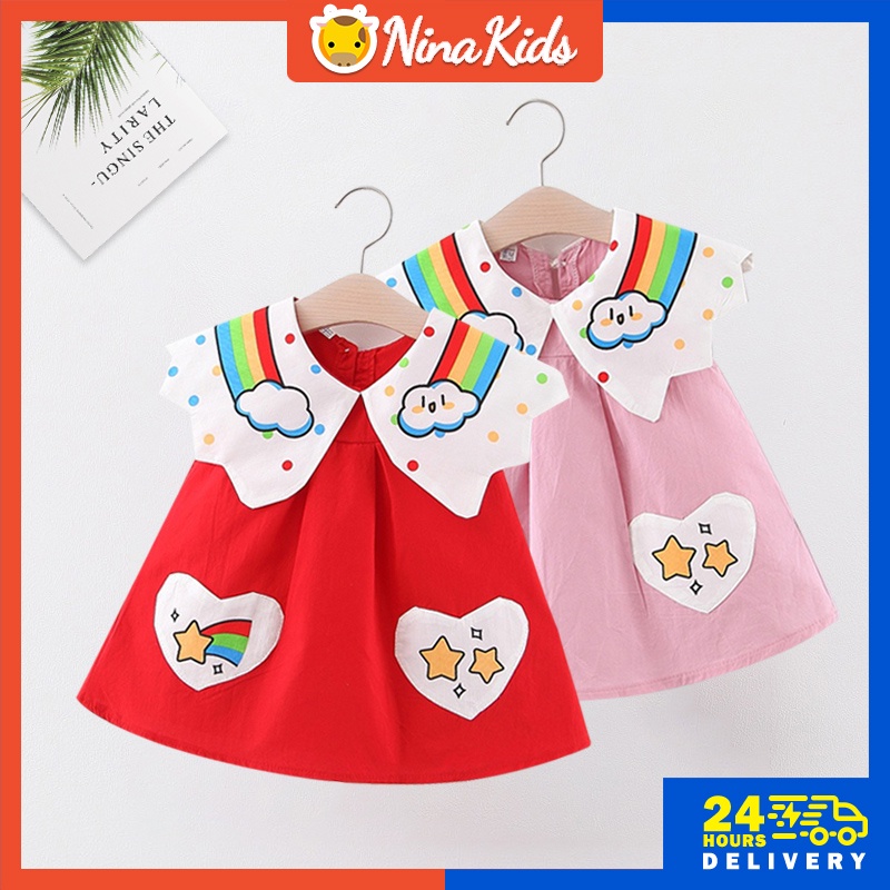 Đầm sát nách  cổ búp bê in họa tiết cầu vồng/ngôi sao dễ thương cho bé gái 1-5 tuổi