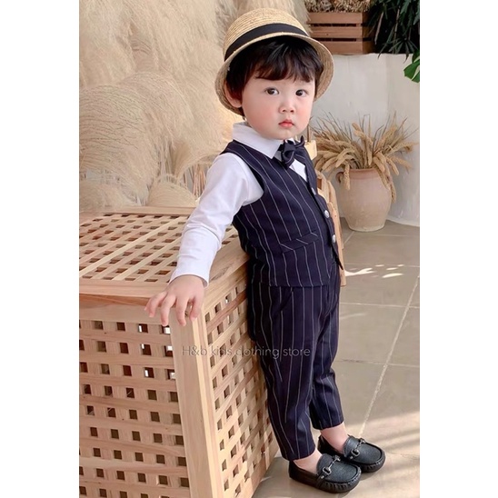 Set áo sơ mi dài tay kèm quần và áo ghile cho bé trai🐶Set vest cho bé