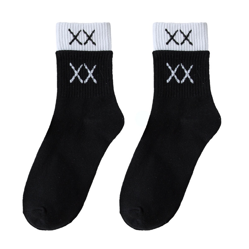 High-collar socks, men's and women's high-neck socks in basic plain color with the letter XX, fashion stretch cotton fabric