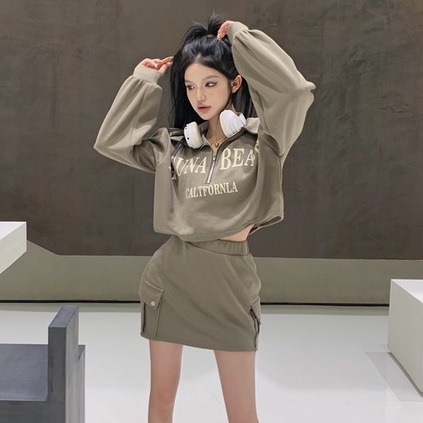 Bộ Áo Sweater Tay Dài Khóa Kéo Nửa In Chữ + Chân Váy Lưng Cao Thời Trang Mùa Thu Phong Cách Hàn Quốc Cho Nữ