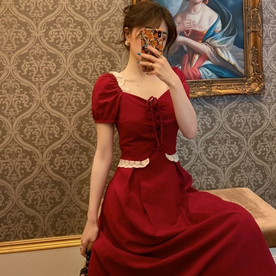 Đầm xòe hai màu tùy chọn phong cách Pháp lãng mạn thời trang mùa hè cho nữ