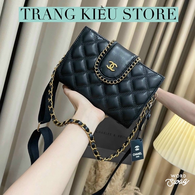 Túi Xách Nữ Kẹp Nách viền xích Hộp Ô Trám Size 21 Thời Trang