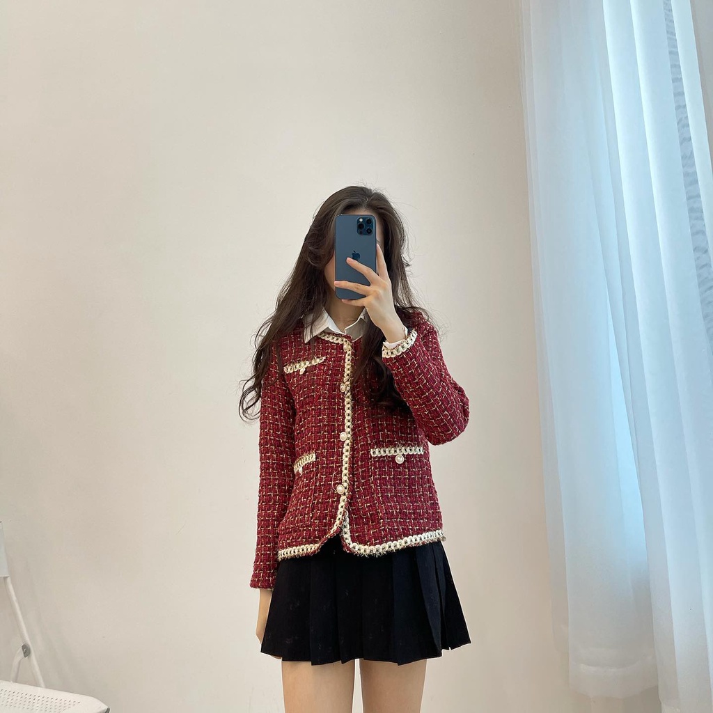 (FREESHIP) Áo khoác dạ viền kim tuyến trắng hàng Quảng châu Miho.house