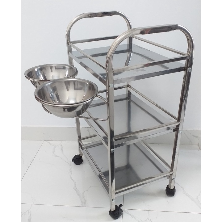 Xe đẩy spa inox kệ inox 3 tầng spa thẩm mỹ viện đựng dụng cụ tặng 2 thau inox