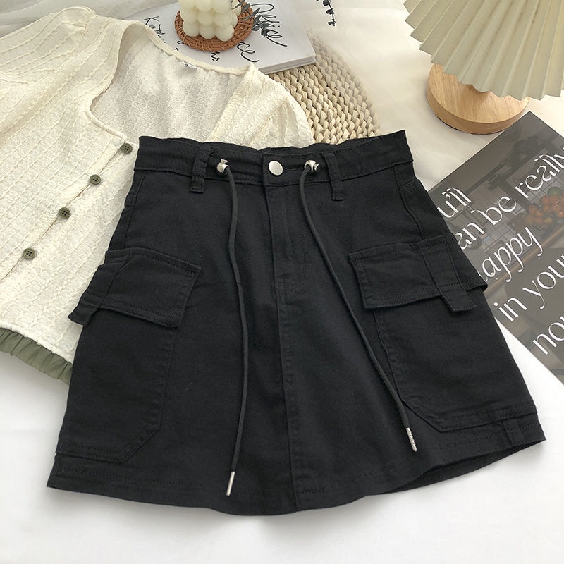 Jiashucheng Chân Váy Denim Lưng Cao Phối Dây Rút Hai Mặt Phong Cách Retro Mùa Hè Hàn Quốc Dễ Phối Đồ Cho Nữ