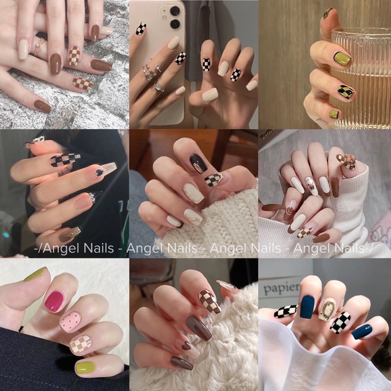 Bộ 24 móng giả tổng hợp trend nail caro bàn cờ