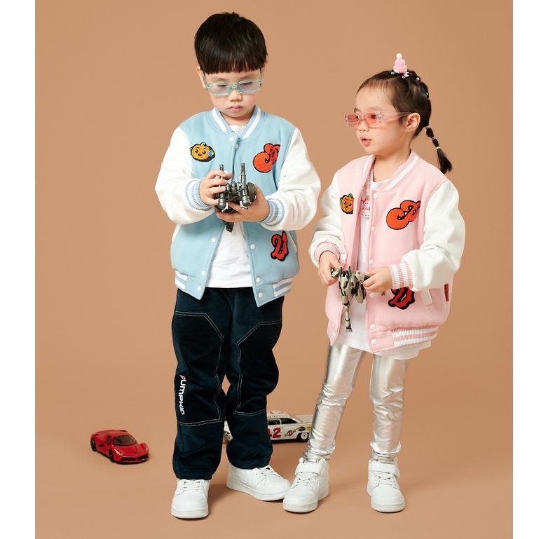 Quần áo trẻ em, áo khoác bóng chày hai lớp varsity nỉ bông Pumpkid nhiều màu, cho bé trai, gái, form rộng, dày dặn