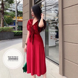 Đầm nhung thắt nơ cổ