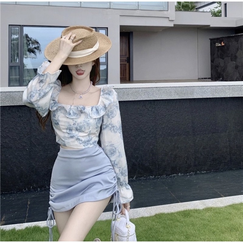 SET ÁO HOA CROPTOP XANH BÈO LƯNG CHUN + CHÂN VÁY XANH RÚT BÊN