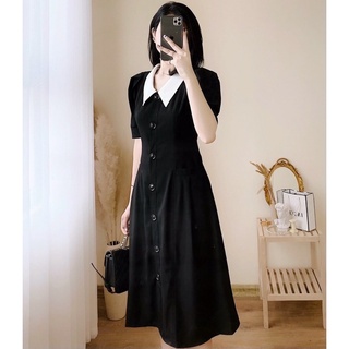 Đầm tiểu thư nút trước cổ trắng 2 màu