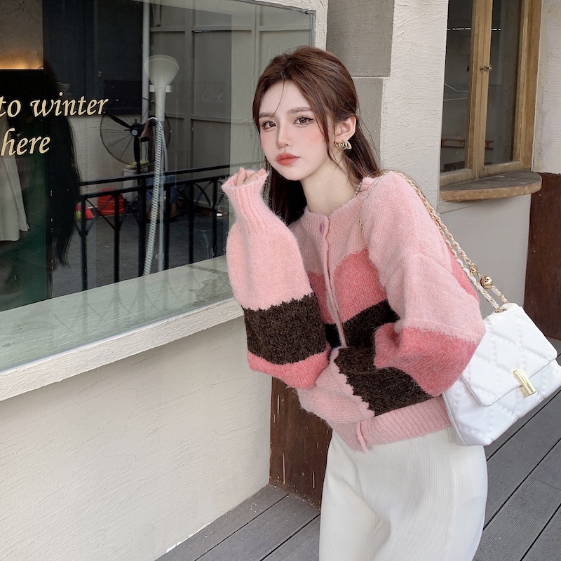 Áo khoác cardigan dệt kim dáng rộng ngắn phối màu phong cách retro thời trang Nhật Bản