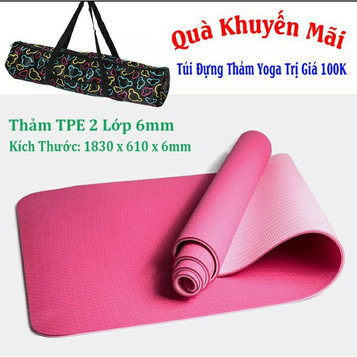 Thảm Yoga TPE EcoFriendly 2 lớp cao cấp dày 6mm (tặng túi đựng+dây buộc thảm)