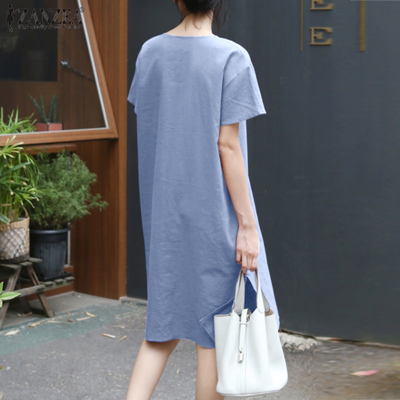 Đầm midi ZANZEA tay ngắn cổ v xẻ tà thời trang cho nữ