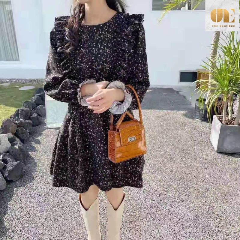 Váy hoa nhí vintage đầm hoa nhí bèo vai dáng xòe One boutique