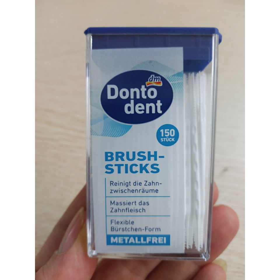 Dontodent- Hộp tăm que nhựa  Brush-Sticks 150 cây, hai đầu làm sạch nhẹ nhàng kẽ răng của hãng Dontodent- Đức