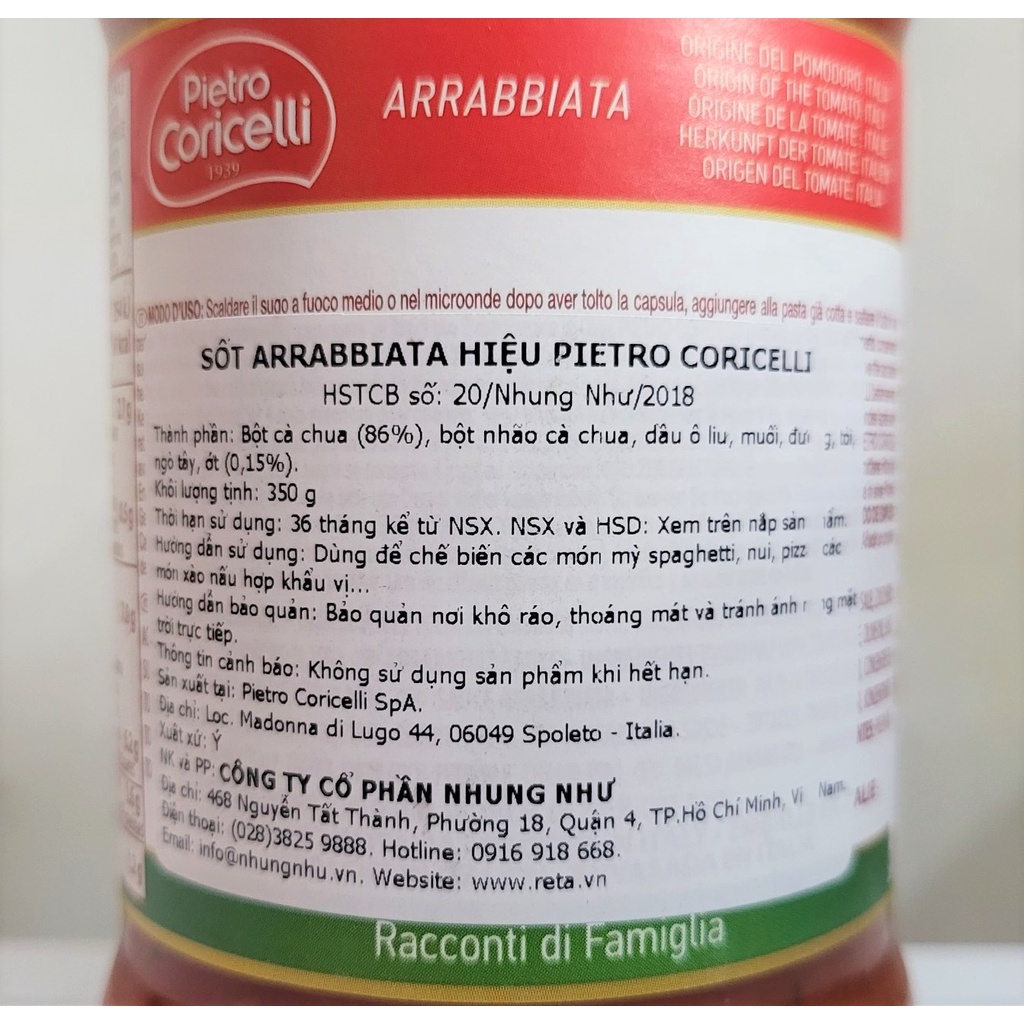 [Lọ 350g – ARRABBIATA ] XỐT CÀ CHUA CAY [Italia] PIETRO CORICELLI Arrabbiata Spaghetti Sauce (nhn)