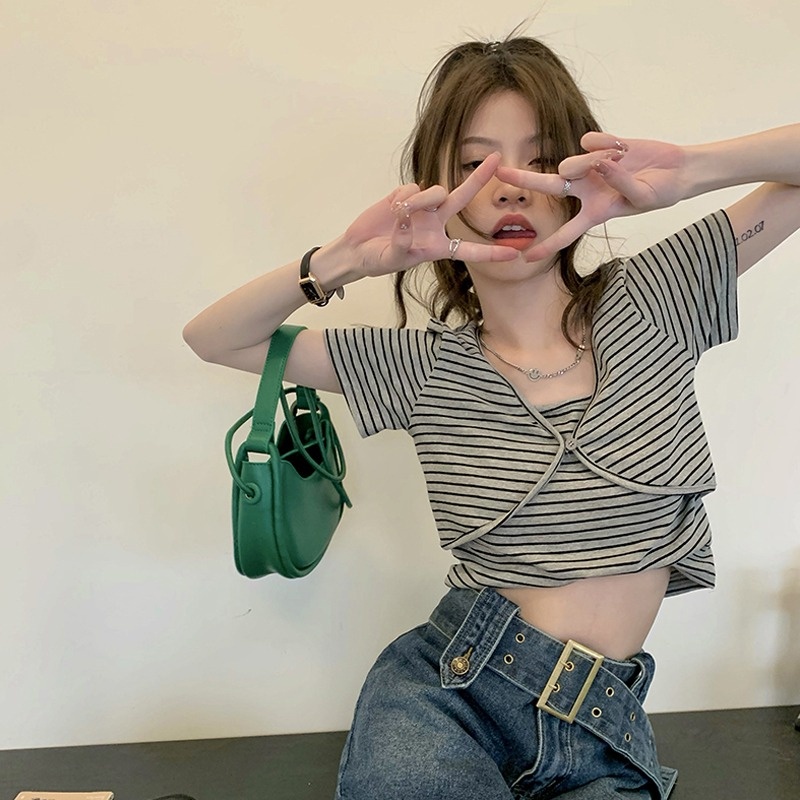 Áo thun ZHELIHANGFEI tay ngắn giả hai lớp phong cách quyến rũ