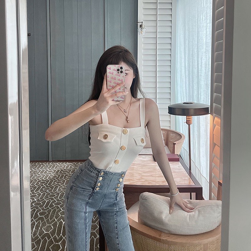 Áo hai dây dệt kim cúc vàng