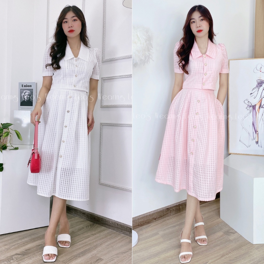 Set chân váy midi dáng xòe mix áo sơ mi croptop tay ngắn chất xốp voan may 2 lớp LEOSWEARING L163