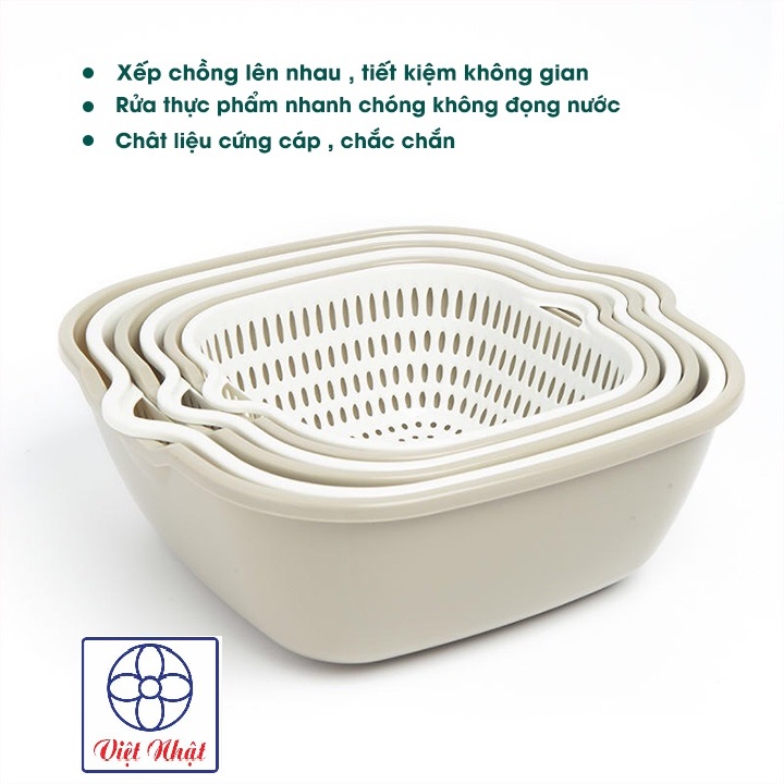 Set Thau Rổ 2 Lớp Vuông LIFEVN, Bộ Rổ Kèm Chậu Hứng Nước Rau Củ Nhà Bếp Tiện Lợi Nhựa Việt Nhật