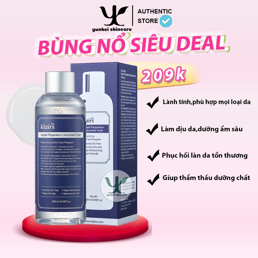 Nước hoa hồng Klairs Supple Preparation Unscented Toner 180ml