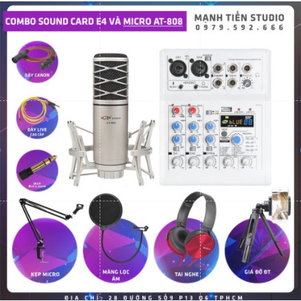 Combo thu âm, livestream Micro AQTA AT-808, Mixer E4 - Kèm full phụ kiện kẹp micro, màng lọc, tai nghe, dây live chế....