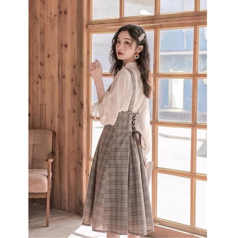 Set Yếm Caro kèm áo sơ mi tách rời 2 món