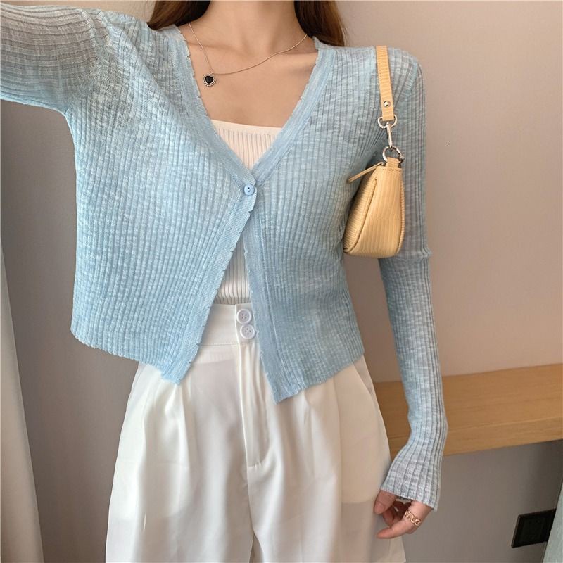 Áo Khoác Cardigan Dệt Kim Mỏng Cổ Chữ V Màu Sắc Đơn Giản Thời Trang Mùa Hè