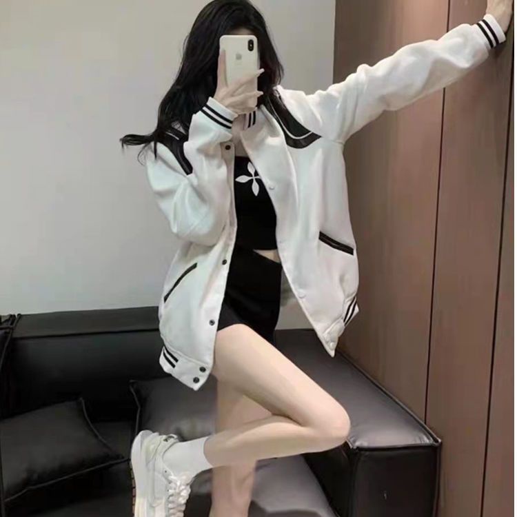 Áo Khoác Bóng Chày Bằng Len 22ss Màu Trắng Đen Phong Cách Mỹ Cổ Điển