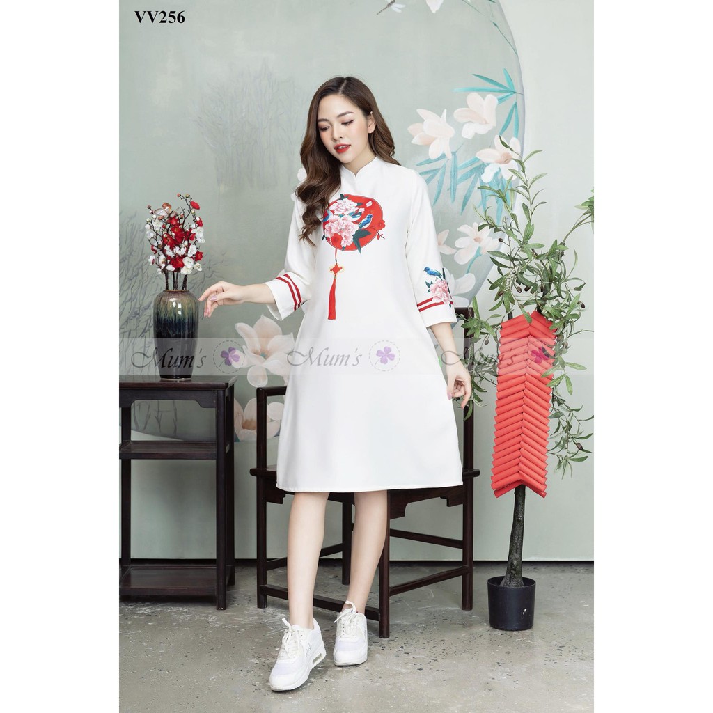 ĐẦM BẦUFREESHIPVÁY GẤM TRẮNG HOA MẪU ĐƠN CỔ TẦU  mẫu thiết kế-VV256