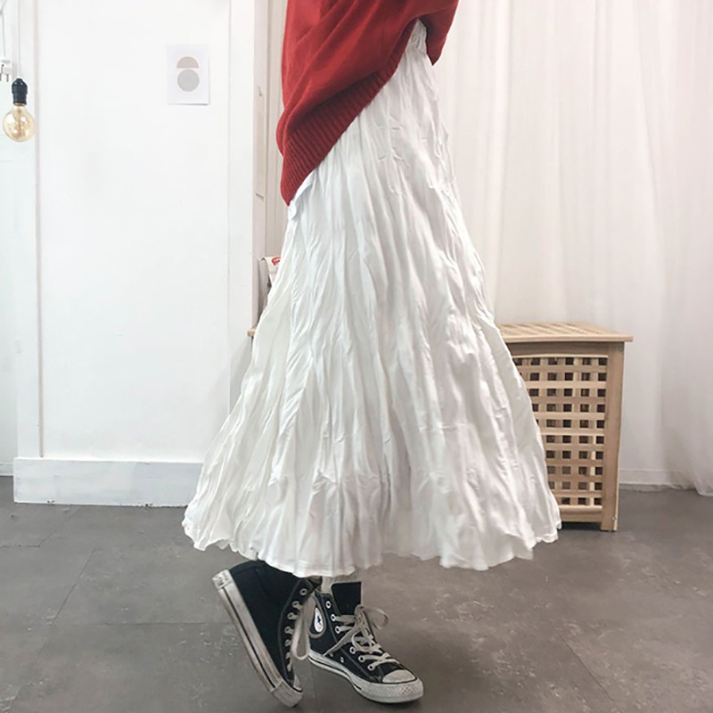 Chân Váy Dài Dáng Chữ A Màu Trắng / Đen Xếp Ly Thời Trang Cho Nữ 2021