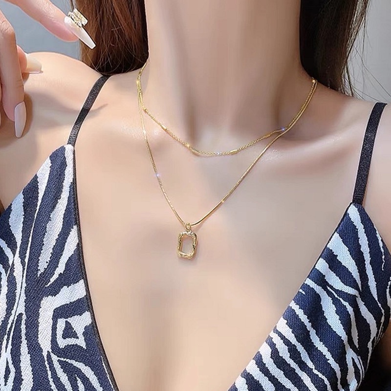 Vòng cổ 2 lớp chất liệu titan không gỉ thiết kế mặt chữ nhật trẻ trung phong cách ins hàn quốc dành cho nữ