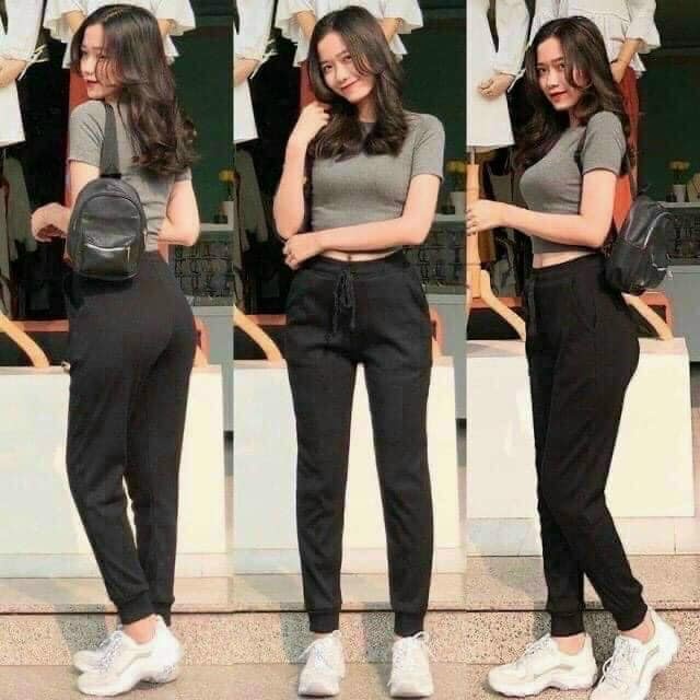 Quần jogger nữ thể thao bo gấu vải tăm có dây rút M555