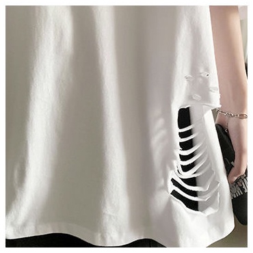 AMOI Áo Thun Ngắn Tay Dáng Rộng Phối Rách Thời Trang Hip Hop Hàn Quốc Dành Cho Nam