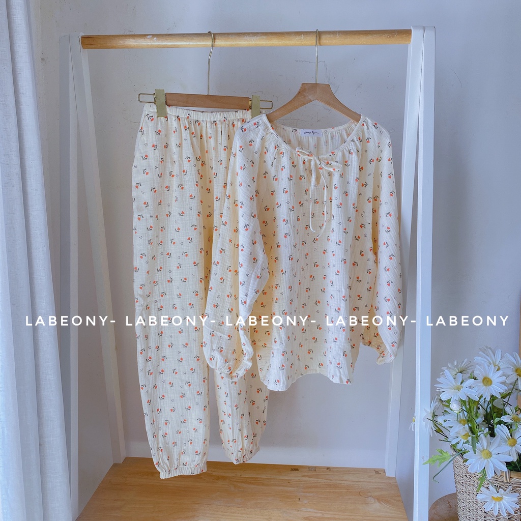 Đồ bộ nữ mặc nhà pyjama cổ tròn hoa Tulip ngắn dài xô muslin Labeony