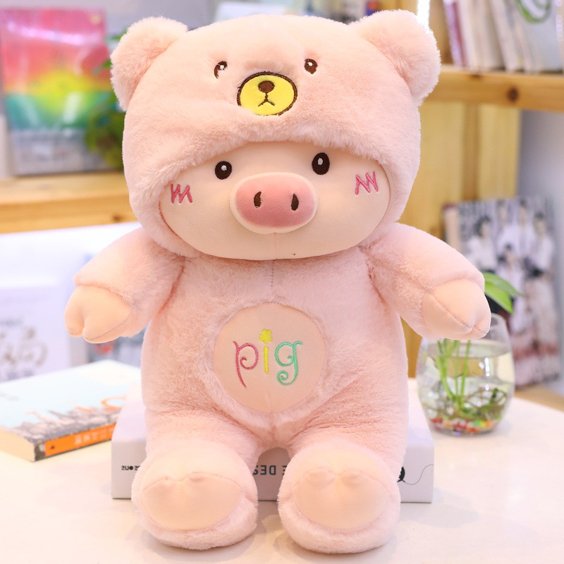 Gấu bông heo Pig mũ gấu 2 màu trắng hồng kích thước từ 35cm-1m1 NEOCI