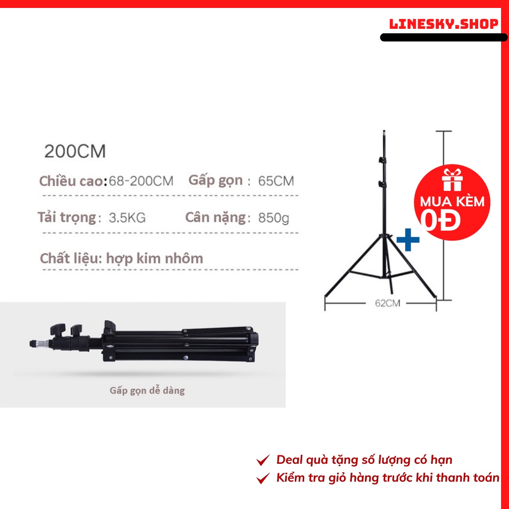 Đèn studio chụp ảnh sản phẩm, quay phim, livestream chuyên nghiệp, chân cao 2m softbox 50x70cm