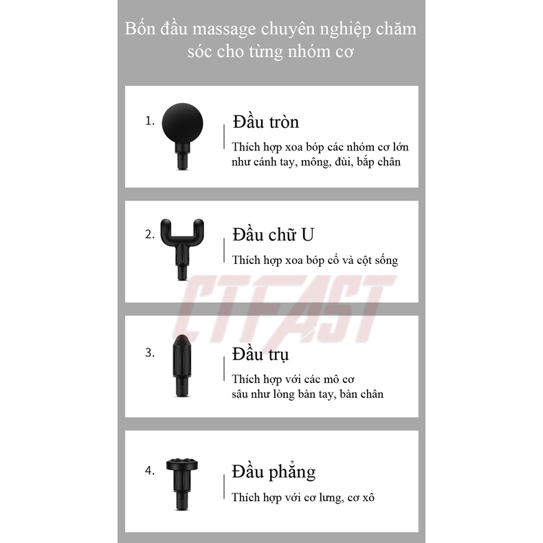 Máy massage mini cầm tay CTFAST-720: 6 cấp độ, giúp giảm đau cơ cứng khớp, đi kèm 4 đầu mát xa chuyên dụng