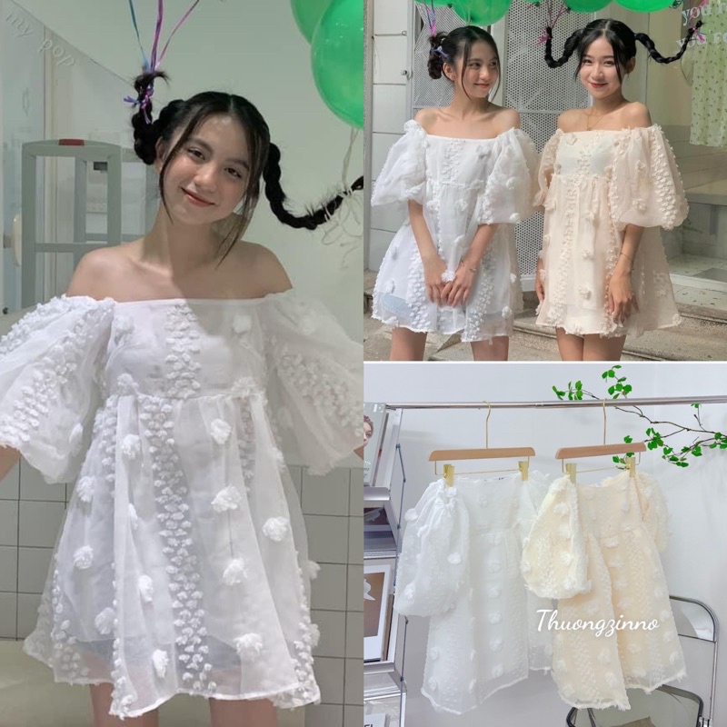 [Ảnh thật/Video]Áo trễ vai hoa nổi tay phồng MiO Nhẹ nhàng trẻ trunh Áo trễ vai Hàn Quốc hoa nổi