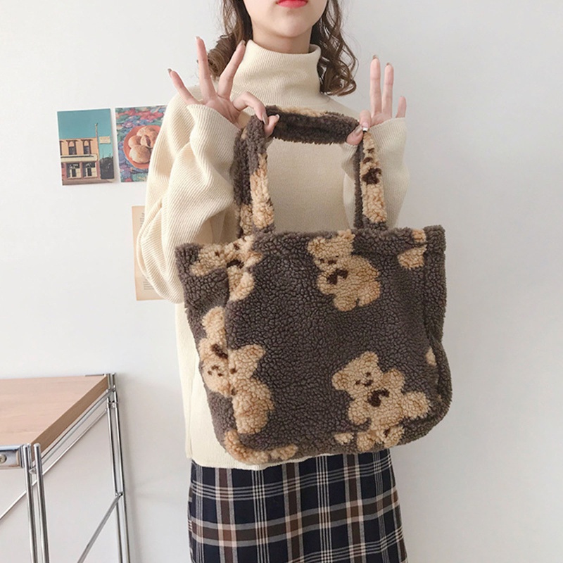 Túi Tote Đeo Vai Phủ Lông Cừu Giả Họa Tiết Gấu Hoạt Hình Thời Trang Mùa Đông Cho Nữ