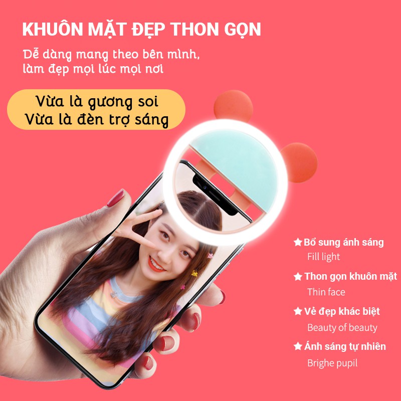 Đèn LED trợ sáng kẹp điện thoại chuyên dành cho selfie/livestream, ánh sáng trắng dịu nhẹ, có kèm gương soi rất tiện lợi