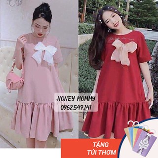 Váy Bầu Đuôi Cá Mùa Hè Ngắn Tay Có Nơ Ngực Đầm Bầu Công Sở Đi Chơi Đi Làm Váy Bầu Thiết Kế Chất Mát HD2617 Honey Mommy