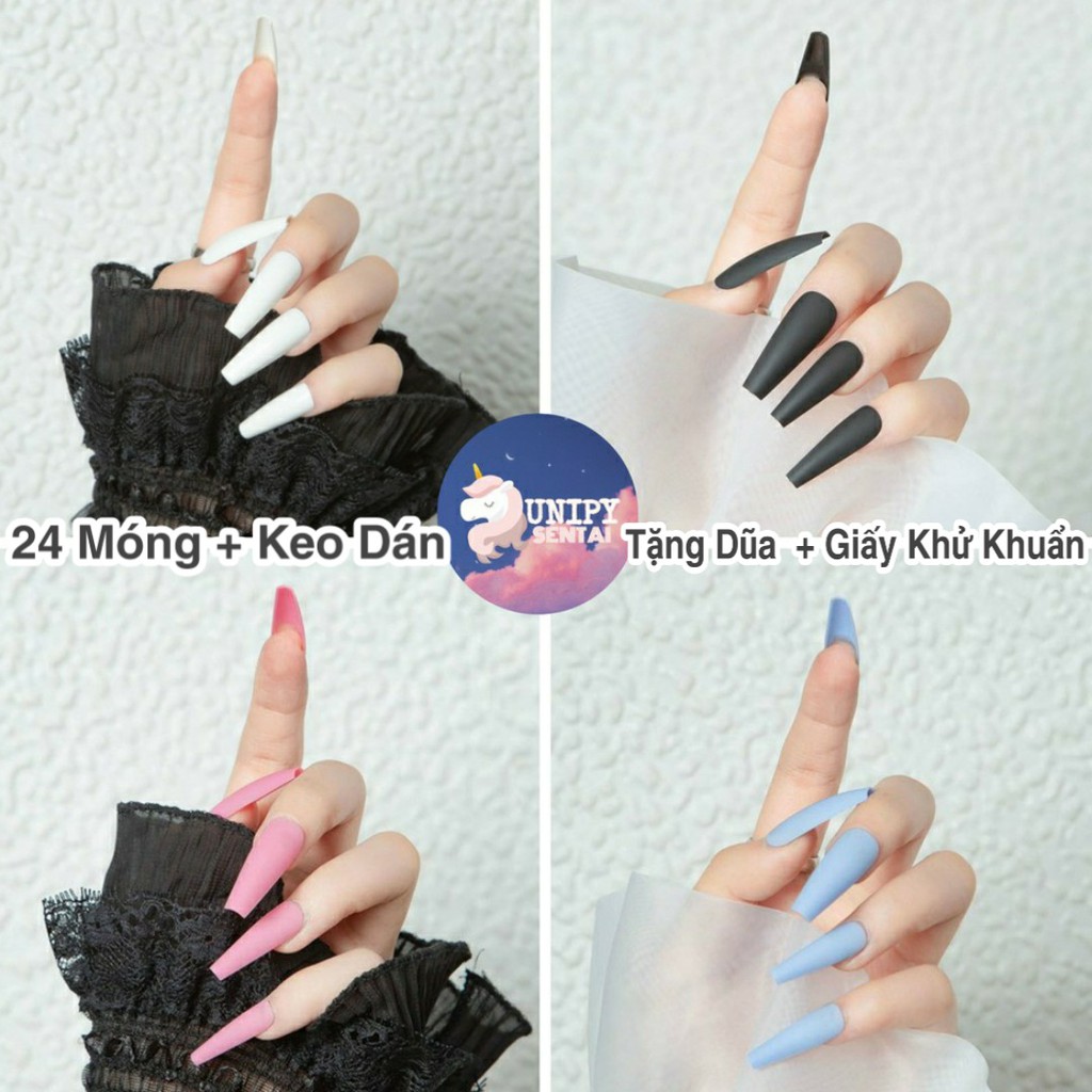 Móng Giả | Set 24 Móng Tay Giả Than Trơn Lì Nhám Kèm Dũa Keo Dán Móng | CK