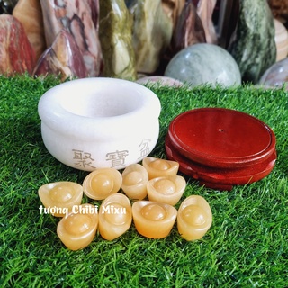 Bát Tụ Bảo bạch ngọc size 10cm (gồm 01 bát + 09 thỏi vàng + 01 đế gỗ)
