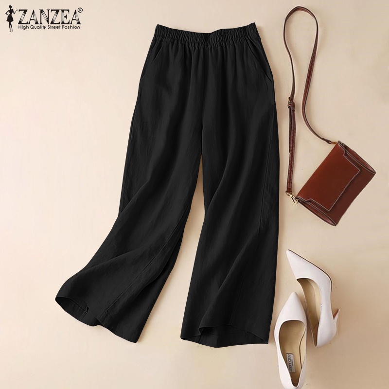 Quần dài ZANZEA ống rộng lưng thun có túi phong cách vintage thời trang đơn giản dành cho nữ